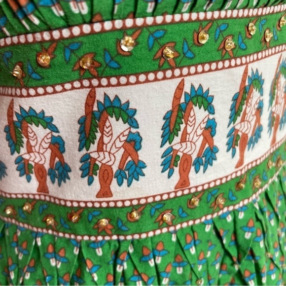 Vintage Bohemian Printed Floral Fit and Flare Strapless Cotton Dress Sequins - Picture 9 of 16